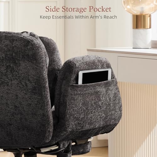 Criss Cross Office Chair with Footrest and 5-Gear Adjustable Arms, Black | Wide seat cross-legged desk chair, flip lumbar pillow, airbag support, chenille fabric, for home office vanity and meditation - color: Black-chenille