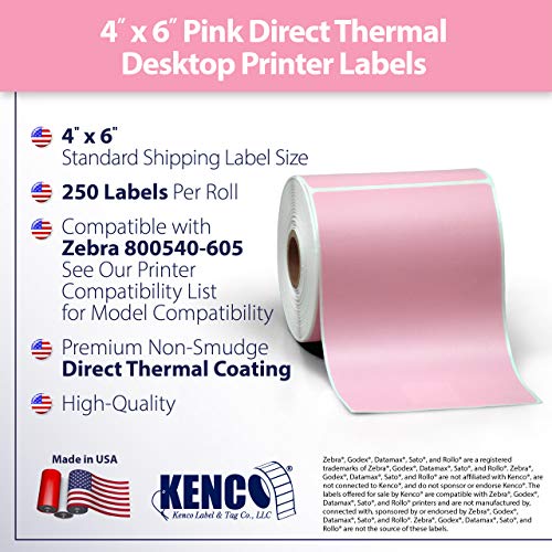 4" X 6" Direct Thermal Perforated Stickers Labels for Shipping Labels, Inventory, and Color Coding - Compatible with Zebra, Rollo, Godex and More (Pink, 6 Rolls) - color: Pink, size: 6 Rolls