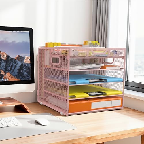 Docnest 5 Tier Desk Organizer with Hanging File Folder Holder&Tray, Pink - color: Pink, size: 12.6" x 11.8" x 10.3"