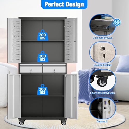 Aobabo Metal Garage Cabinet with 2 Drawers, Wheels & Pegboard, Black Silver - color: Black Silver, size: 15.1"D x 30"W x 71"H