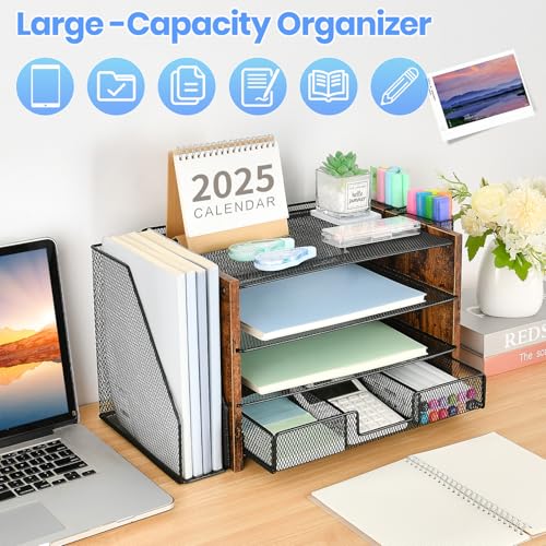 OPNICE Desk Organizer, 4-Tier Desktop File Organizer with Drawer and Pen Holders, Office Desk Accessories, File Sorters, Workspace Organizers for Office Supplies(Brown Wood) - color: Brown Wood, size: 4T