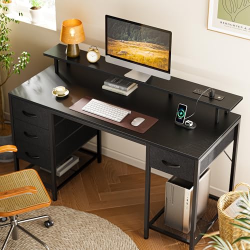 Huuger 55 inch Computer Desk with Power Outlets & 4 Drawers - color: Black, size: 55 Inch