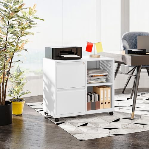 SISESOL 2 Drawer File Cabinet with Lock and Shelf,Mobile Lateral Filing Cabinet,Metal File Organizer Cabinet with Open Storage Shelves for Home Office Fit Legal/Letter A4 Size - color: White, size: 27.5"H x 31.5"W x 17"D