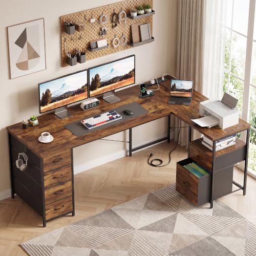63 Inch L Shaped Office Desk with 6 Drawers & Type-C Port, Rustic Brown - color: Rustic Brown, size: 63 Inch