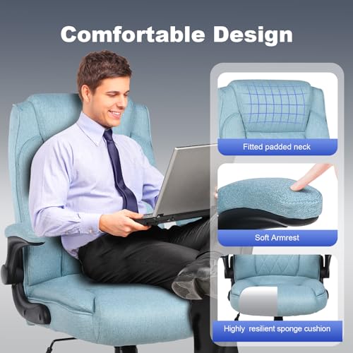 ralex-chair Big and Tall Office Chair -500 lb Office Chair for Big Man, Fabric High Back Office Desk Chair with 120° Tilt Rock,Computer Desk Chair with flip up arm - Light Blue - color: Light Blue, size: set of 1