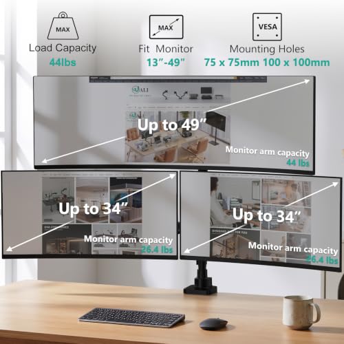 WALI Stacked Triple Monitor Mount for 49" UItrawides and Dual 34" Monitors - color: Black (Triple), size: 34"-49"