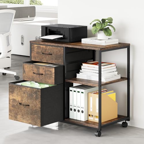 VINGLI 3 Drawer File Cabinet with Wheels Under Desk Printer Stand, Rolling File Cabinet with Shelves Adjustable, Mobile Lateral Filing Cabinet for Home Office, Fits Letter Size, Rustic Brown - color: Rustic Brown, size: Lateral 3 Drawers