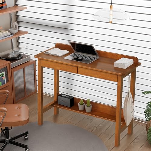 Solid Wood Desk with Drawers, 39 x 16 Inch Narrow Desk with 2 Drawers, Bookshelf & 2 Hooks, Writing & Computer Desk for Small Spaces, Mid Century Modern Desk - Walnut - color: Walnut, size: 39.4 in W x 15.7 in D