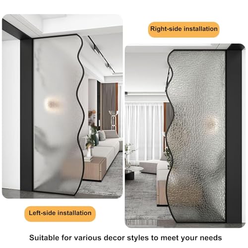 Translucent Glass Room Divider with Metal Frame, Freestanding Partition for Home Office Decoration