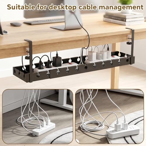 Cable Management Tray Under Desk, 43-74cm/16.9-29.13in Carbon Steel No Drill Wire Cord Organizer with Clamp & Screws Mount Retractable Cable Tray for Office Home PC Wire Management Rack (Gun Gray)