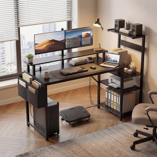 Apicizon 47 Inch Gaming Desk with LED Setup Style, Computer Desk with Storage Shelves & Monitor Stand, Reversible Workstation for Small Space, Home Office Desk with Side Pocket - size: 47inch