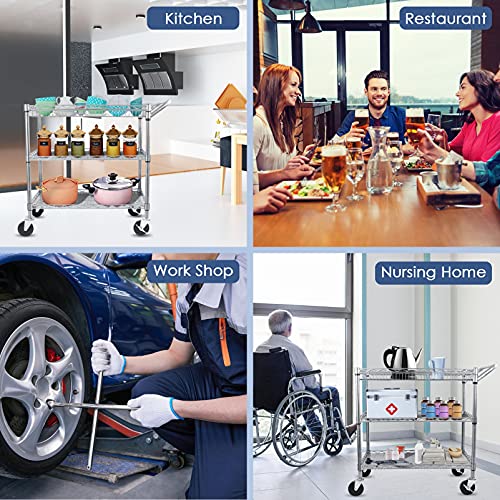 WDT Heavy Duty 3 Tier Utility Cart,Wire Rolling Carts with Wheels, Commercial Grade Service Cart with Shelving Liners and Handle Bar Metal Carts for Kitchen Office Hardware - color: 990lbs Capacity Silver