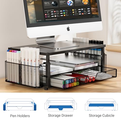 Desk Organizer and Accessories with Cellphone Holder, Height Adjustable 2-Tier Computer Monitor Stand Riser with Drawer and 2 Pen Holders,Office Desk Accessories for Office Supplies, Black