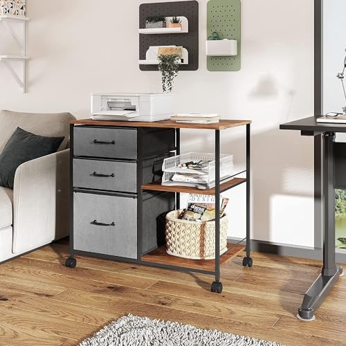 Healsmart Heavy Duty Mobile File Cabinet with 3 Fabric Drawers, Rolling Printer Stand with Back Support & Open Shelf, Multifunctional Storage Organizer for Home Office, Rustic Brown - color: Brown, style: Modern