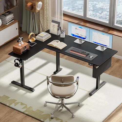 Korfile 63" L Shaped Standing Desk Height Adjustable Memory Presets Black | Reversible Corner Desk, Ergonomic Sit to Stand, for Home Office, Work and Study, Weight Capacity 180lbs - color: Black