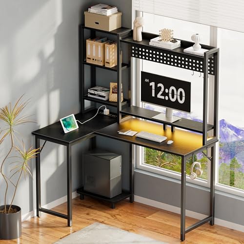 48 inch L Shaped Gaming Desk with Hutch, Pegboard and Monitor Stand, Black