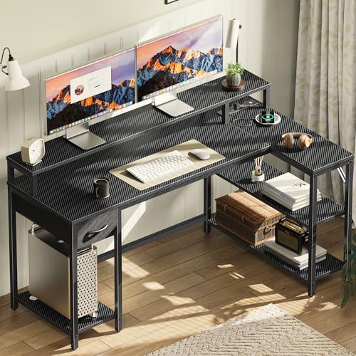 SUPERJARE 53 inch Reversible L Shaped Desk with LED Lights & Power Outlets, Computer Desk with Shelves & Monitor Stand, Gaming Desk with Drawer, Home Office Desk, Carbon Fiber Black - color: Carbon Fiber Black, size: 53 inch