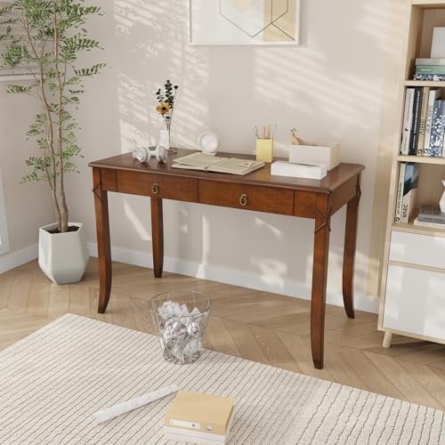 Solid Wood Writing Desk, Home Office Desks with 2 Storage Drawers, 46" Mid-Century Modern Walnut Tables, Computer Desk for Home Office, Easy Assembly Vanity Desk, Study Table Station BSZDR200 - size: 46.06"