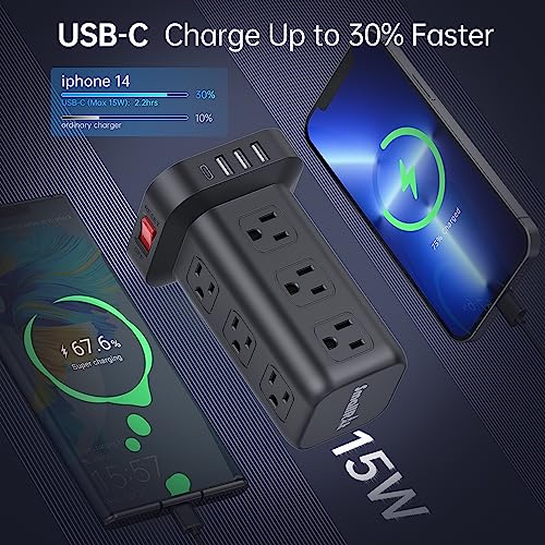 Extension Cord with Multiple Outlets, SMALLRT Power Strip Tower, 10FT Outlet Extender with 12 AC Outlets 4 USB, Power Strip with USB Ports for Home Office Dorm Room,Overload Protection - color: Black, size: 10 Ft without wireless charging