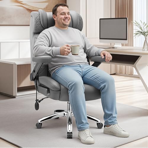 Big and Tall Office Chair for Heavy People, 500LBS Wide Seat Computer Desk Chair, Extra Large Executive Gaming Chair with Adjustable Lumbar Support and 5D Flip Arms, Comfy Heavy Duty Office Chair - color: Grey
