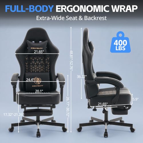 Desk Computer Gaming Chair - Ergonomic Game Office Chair with Extended Footrest and Massage Lumbar Support, Home Gamer Video Game Chairs with Spring Cushion for Adults (Pro Black Leather) - color: Pro Black Leather