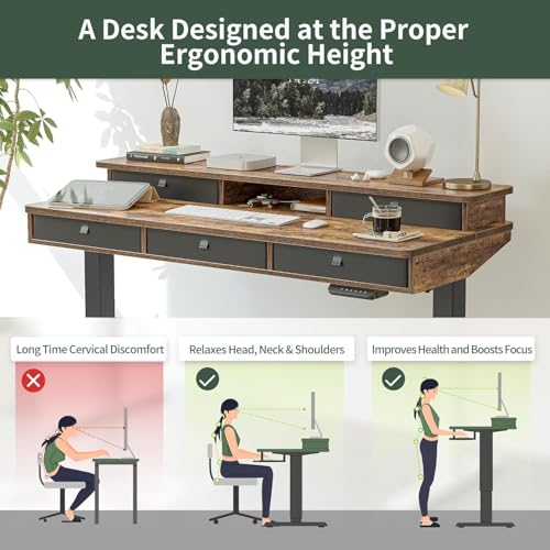 FEZIBO Height Adjustable Electric Standing Desk with 5 Drawers, 55 x 24 Inch Table with Storage Shelf, Sit Stand Desk Black Frame/Rustic Brown Top, 55 inch