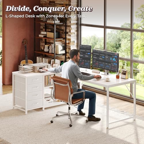 PRAISUN 61" L Shaped Desk with Power Outlets & 4 Drawers | Reversible Computer Desk with 2 Storage Shelves, Large Corner Office Desk for Gaming Writing Work Study, White - color: White, size: 61 Inch