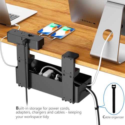 Hiree Under Desk Cable Management Tray with 8 AC Outlets, 2 USB & 1 USB-C Ports - Clamp Mount Storage Basket Organizer, No-Drill Wire Cord Management for Standing Desk Home Office(Black)