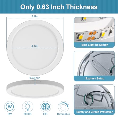 ETL Certified 5 inch Flush Mount Ceiling Light Dimmable 5000K Round Flat Ceiling Light Fixture Ultra Thin 0.63'' Thick Ceiling Lights for Bathroom,Kitchen,Hallway,Basement,Closet 10 Pack White - color: 10 Pack White, size: 5 inch