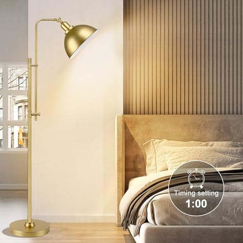 PARTPHONER Industrial Floor Lamp Adjustable, Rustic Farmhouse Reading Lamp in Aged Gold Finish, Modern Standing Lamp with Remote Control Metal Shade for Living Room Bedroom Study Room Office Hotel - color: Gold