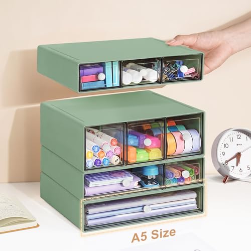 Desk Storage Organizer with 9 Drawers, 4 Tiers Stackable Desktop Craft Storage Drawers, Clear Storage Box Caddy for Stationary Makeup Jewelry Office Craft Supplies (Green) - color: Green