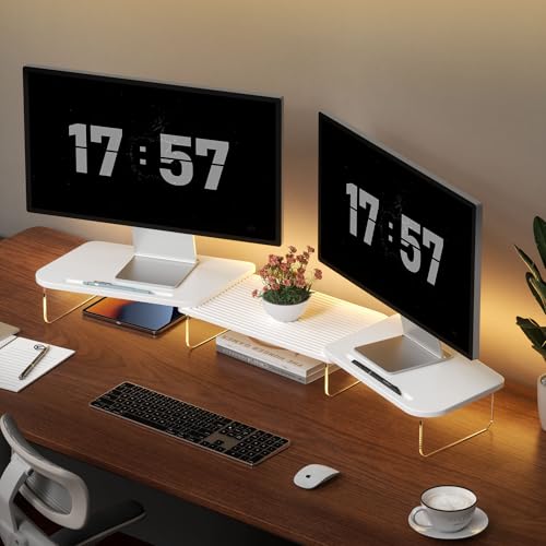 AFOOYO LED Dual Monitor Stand Riser for 2 Monitors,Office Desktop Wooden Stand Adjustable Length and Angle 3 Shelf,Extra Long Multifunctional Stand up to 39.3" for Computer,Laptop,TV,White