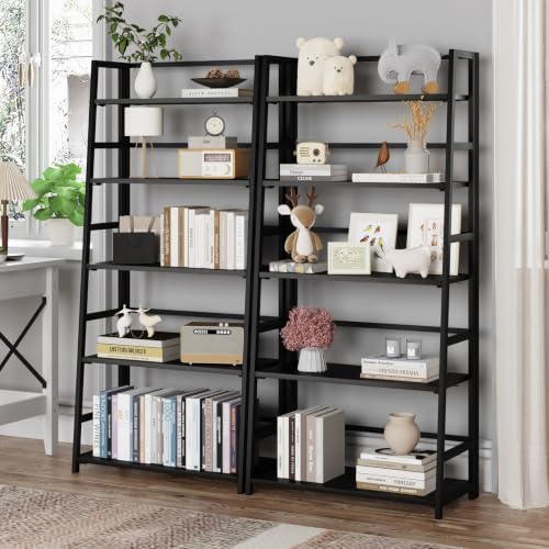 JSB 5 Tier Bookshelf, No Assembly Folding Ladder Bookshelf, 51.6in Tall Foldable Ladder Shelf, Bookcase for Home Office, Living Room,Space-Saving (All Black, 5 Tier) - color: All Black