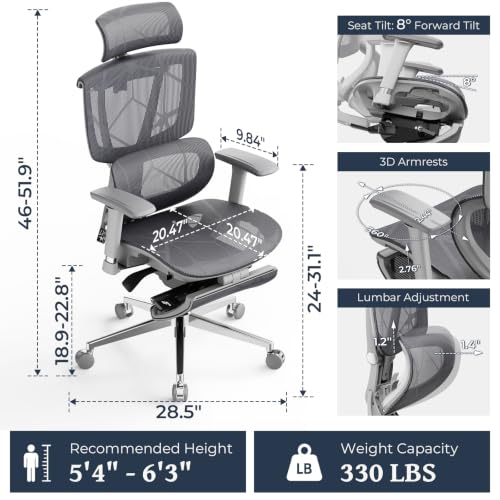 Lumbar Support Office Chair - 330lb Big & Tall Ergonomic Office Chair with Dynamic Lumbar - Forward Tilt Seat - Adjustable Headrest & Arms - Breathable Mesh Office Chair for Home Office