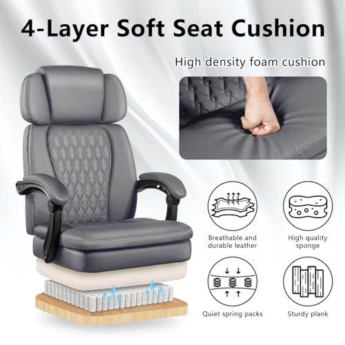 Office Chair with Foot Rest 400lbs, Heavy Duty Executive Leather Office Chair for Heavy People,Big and Tall High Back Ergonomic Comfy Office Desk Chair with Lumbar Support,Grey - color: Grey