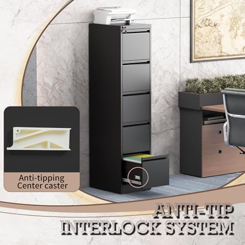 5 Drawer Vertical Filing Cabinet with Lock for Home Office, Black - color: Black, size: 5-Drawer