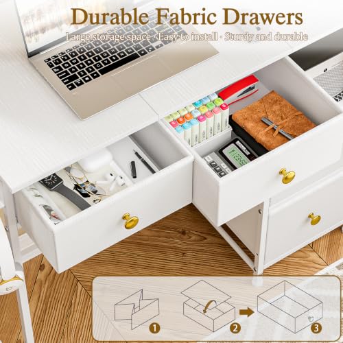 3IngSeagulls Small Computer Desk with 4 Fabric Drawers, Simple Writing Desk for Home Office, Compact Study Desks for Small Spaces, Kids Desk Study for Bedroom, White - color: White