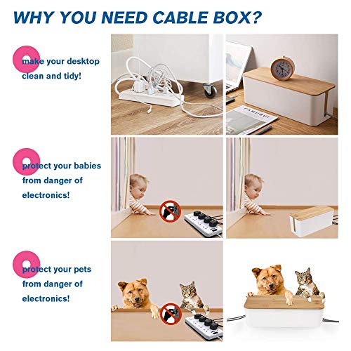 PowerKing Cable Management Boxes Organizer, Bamboo Lid, Large Storage Wires Keeper Holder for Desk, TV, Computer, USB Hub, System to Cover and Hide & Power Strips & Cords (Ice White) - color: White