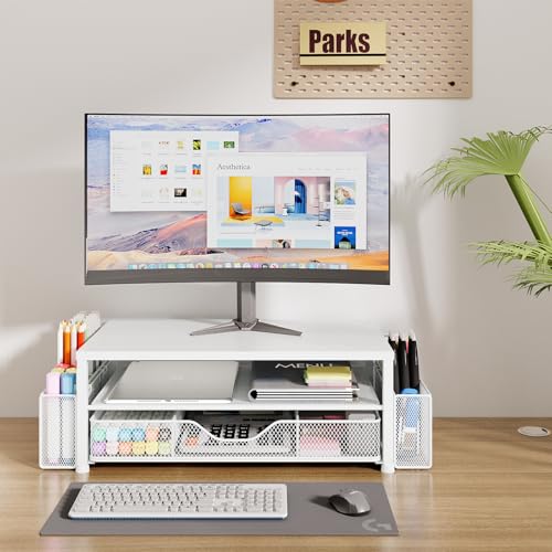 OPNICE Desk Organizer and Accessories, 2-Tier Computer Monitor Stand Riser with Drawer and 2 Pen Holders, Laptop Stand, Office Desk Accessories for Office Supplies, White - color: White 1-Pack, size: 18" x 9.1" x 5.6"