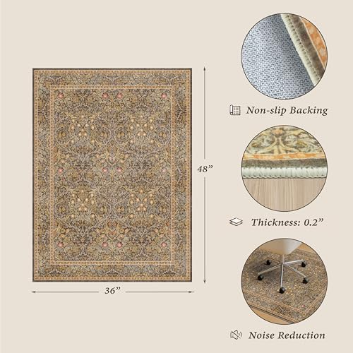 Vintage Brown Office Rugs for Rolling Chairs, 36"x48" Home Office Rug for Computer Gaming Chair, Low Pile, Slip-Resistant and Ultra Soft Area Rug for Protecting Floors, Boho Taupe Floral Design - color: Forest - Gold Brown, size: 3' x 4'