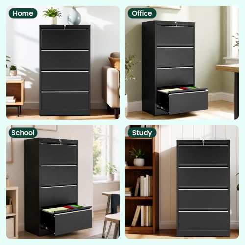 4 Drawer Lateral File Cabinet with Lock, File Cabinet for Home Office,Black | Heavy-Duty Steel Locking File Cabinet, Hanging Letter/Legal/A4 Size, Full-Extension Silent Drawer, Un-Assembly - color: Black, size: 4 Drawers