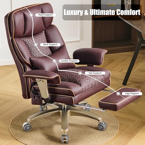 Executive Desk Chir with Adjustable Air Back Support, Luxury Ergonomic PU Leather Office Chair with Lumbar Massage High-Back 3-Level Tilt 360° Swivel Silent Wheels Height Adjustment,Footrest, Brown - color: Brown