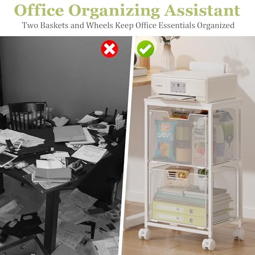 Rolling File Cart with 2 Storage Drawers,Under Desk Storage Cart,Hanging File Folder Organizer with Wheels, Filing Cabinet Mobile Printer Stand Utility Craft Cart for Home Office,White