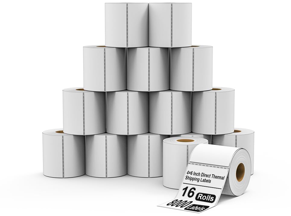 HUOJI 8000 4x6 Thermal Shipping Labels 500/Roll, Commercial Grade | 4x6 Thermal Labels Roll, Strong Adhesive, Clear Printing, Compatible with Rollo, Zebra, MUNBYN Printers - size: 16 Rolls | 8000 Labels
