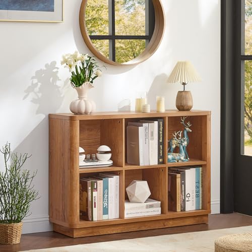 Joaxswe 6 Cube Storage Book Shelf, 40" Wide Low Horizontal Bookcase with Curved Edge, Floor Standing 2-Tier Wooden Bookshelf with Base, Modern Short Book Case for Bedroom, Study, Entryway, Brown - color: Brown, size: 6 Cube (11.81"D x 40.5"W x 28.6"H)
