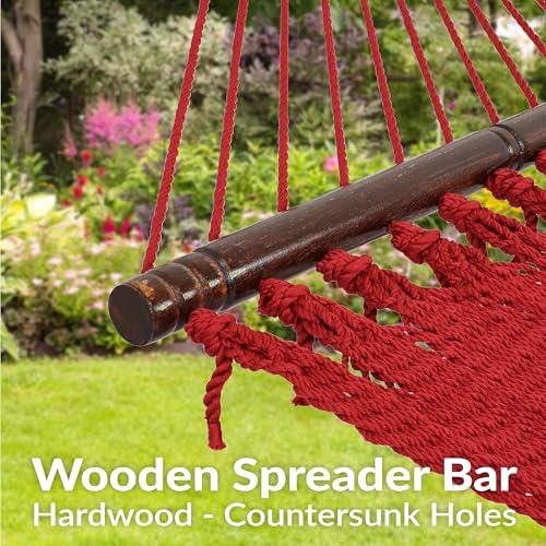 Sunnydaze Heavy Duty Double Rope Hammock for Outside, 600 lb Capacity | Red, 75" x 55" Bed, Soft-Spun Polyester, Wood Spreader Bars, 2-Person Outdoor Hammock for Backyard, Camping, or Patio - color: Red