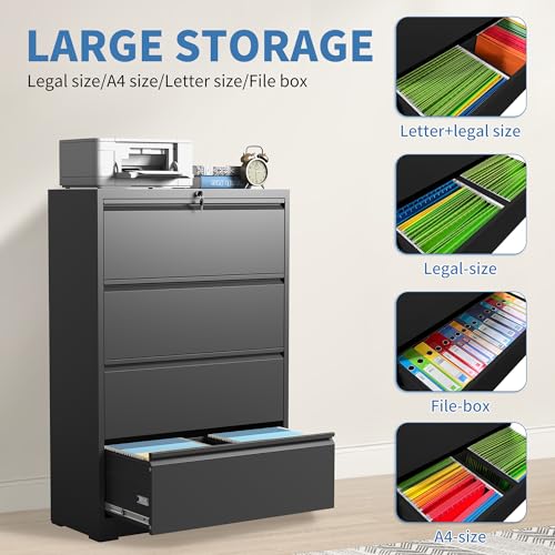 4 Drawer File Cabinet with Lock, Metal Lateral Filing Cabinets - color: Black, size: 4 Drawer_ 35"W