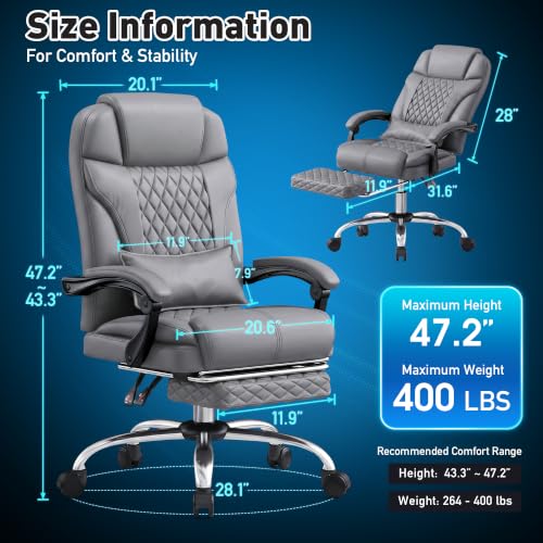 DurayLoly Big and Tall Office Chair, Retractable Footrest, 145° Recline - color: Grey