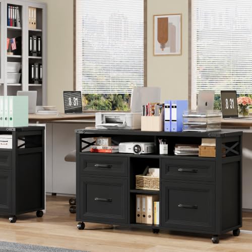 Halitaa Farmhouse Filing Cabinet with Adjustable Shelf & Wheels, Pure Black - color: Pure Black, size: 4 Drawers&Wheels