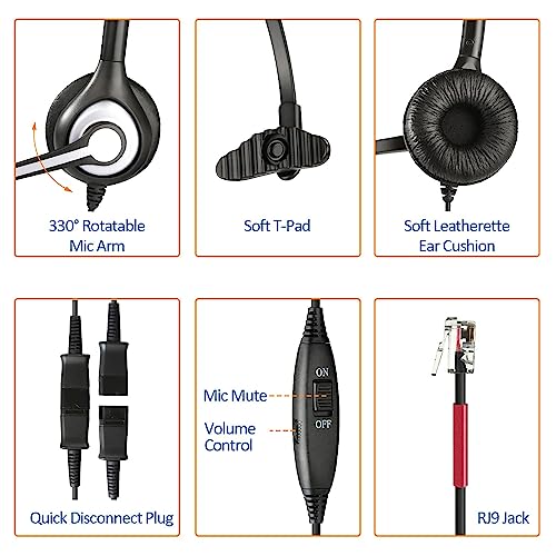 Wantek Yealink Phone Headset with Quick Disconnect Cord, RJ9 Office Telephone Headsets with Mic Noise Cancelling Compatible with Yealink VoIP Phone T21P T42S T46S T48S T27G T53W T54W Grandstream Snom